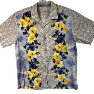 Tommy Bahama 100% Silk Floral Hibiscus Shirt -- Men’s Large – Gray Yellow Blue